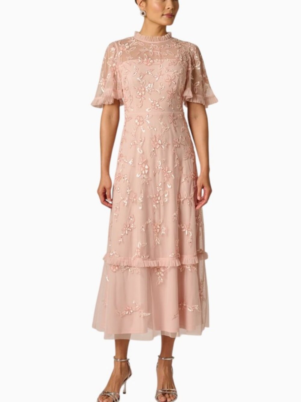 NWT ADRIANNA PAPELL FLUTTER SLEEVE RUFFLE FLORAL BEADED MIDI DRESS SIZE 12